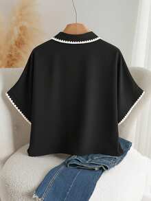 CosyJoli Áo sơ mi màu mơ thời trang thường ngày, thiết kế viền tương phản, cỡ lớn, mẫu mới cho mùa xuân/hè. - màu đen - Xem 2