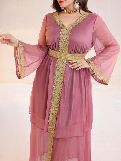 Al Najma Vestido de estilo árabe con cuello en V y cintura ceñida para mujer de talla grande