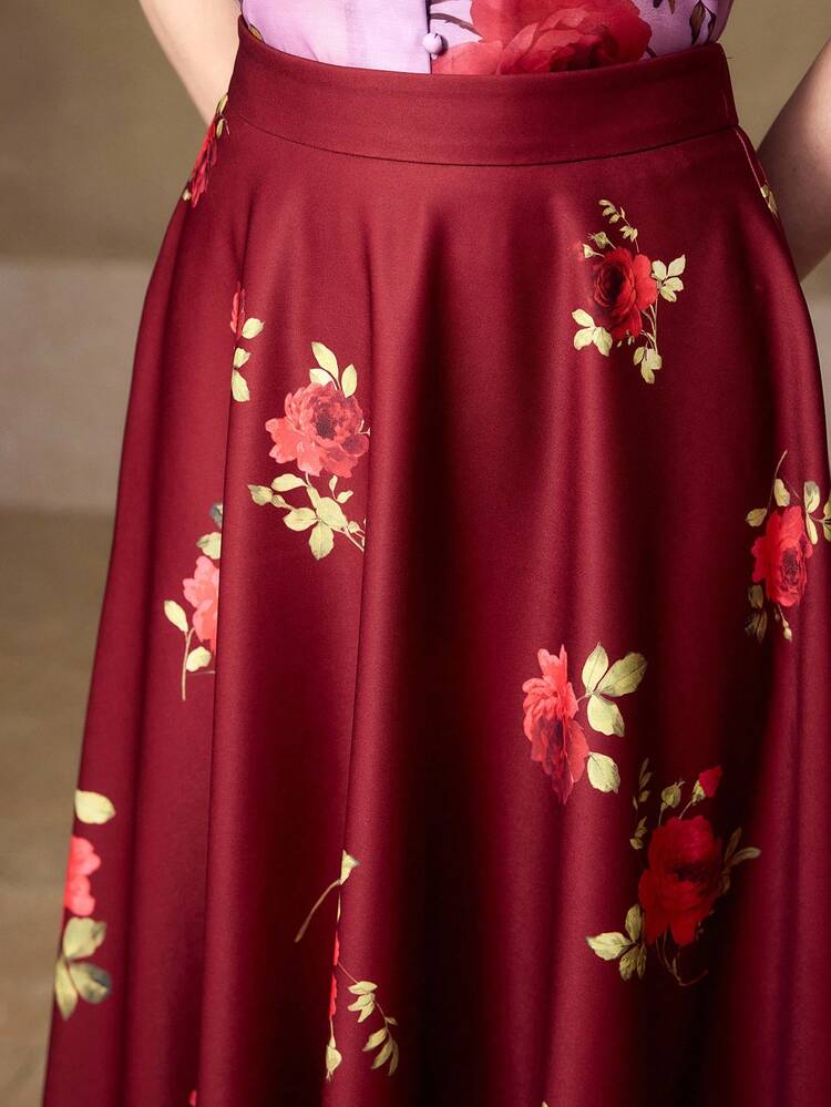 WOMEN'S ROSE PRINT ELEGANT MID-LENGTH A-LINE SKIRT, SUITABLE FOR DATES, SPRING/SUMMER