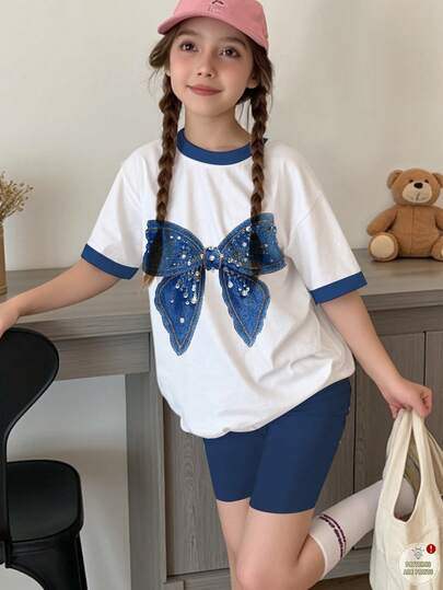 两件套少女休闲可爱纹理珍珠蝴蝶结图案套装，时尚校园/度假风，圆领短袖上衣搭配喇叭裤，适合夏季、日常休闲、时尚通勤，百搭基础款，Y2K风格