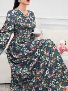 Al Najma Elegant Floral Print Patchwork Sheer Mesh Flare Sleeve Cinched Waist Robe, Resort Style, Spring/Autumn - Blue - View 3