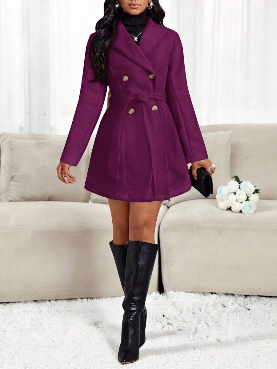 SHEIN Lady Áo khoác len cổ bẻ màu kaki mùa thu đông, áo khoác dáng dài thanh lịch cho nữ, áo khoác len hai hàng cúc có dây đeo, áo khoác mùa đông cho nữ, áo khoác gió cho nữ, áo khoác mùa thu cho nữ, trang phục mùa đông cho nữ, trang phục thường ngày cho nữ, trang phục lễ Phục sinh cho nữ, áo khoác mùa hè, áo khoác mùa xuân. - Màu đỏ tím - Xem 1