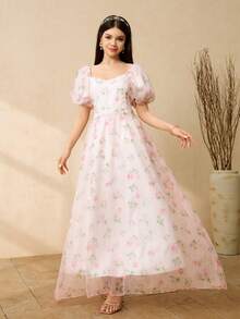 Elegantes Sommerkleid für Teenager-Mädchen mit Blume Muster und Puffärmeln - Verschiedenfarbig - Übersicht 3