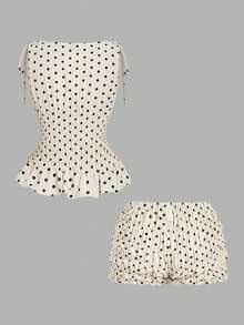 SHEIN MOD Women's Contrast Polka Dot Print Sleeveless Top And Shorts 2 Pieces Set, Valentine's Day Outfit, Spring/Summer, Date Outfit, Beach Outfit, Summer Vacation Outfits, Casual Women Outfits, Polka Dot, Going Out Set, Tea Party Outfit Women, Back To School, 90s Outfit, Party Outfits, Tea Party Outfit - Apricot - View 3