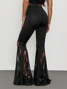 SHEIN Tall 女士秋冬四季哥特Y2K颓废风万圣节夜店装扮性感乡村音乐会Y2K黑色蕾丝小码喇叭裤 - 黑色 - 查看 3