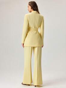 Cloudara Women Two Pieces Suit Sets Tie Front Detailed Blazer Jacket And Wide Leg Pants - Light Yellow - View 2