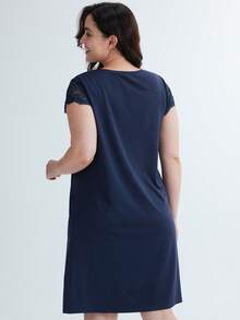 LUVLETTE Summer Dark Blue Super Soft TENCEL™ Modal Lace Insert Short Sleeve Nightdress Airy Women Pajamas Dress Slip Dress & Pyjamadressing - Navy Blue - View 5