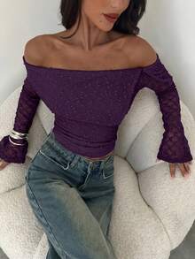 Aloruh Women's Off-Shoulder Long Sleeve Ruched Cropped Fashionable Top - Purple - View 6