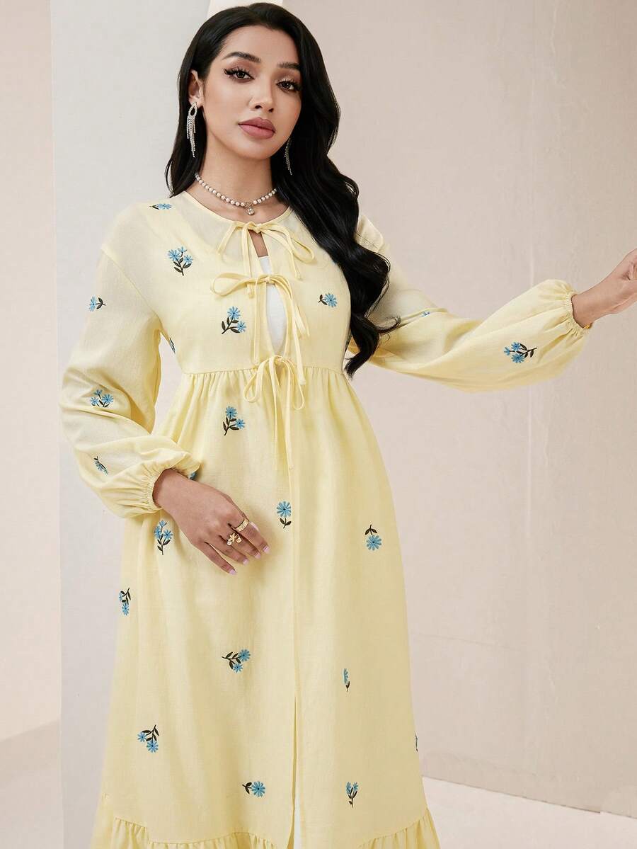 Veilorie 女款優雅端莊菲律賓風小碎花刺繡長袍，洗禮賓客 Ninang 婚禮正式款，柔黃白色，冬季