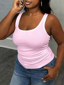 Slaydiva Camiseta de tirantes ajustada con cuello en V profundo, talla grande, de punto acanalado con fruncidos laterales, color blanco semitransparente - Rosa - Ver 7