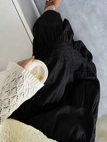 FRIFUL 女士纯色蕾丝拼接时尚百搭度假旅行裙 - 黑色 - 查看 7