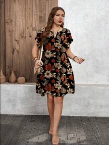 SHEIN LUNE Casual Vintage Maple Leaf & Floral Pattern Loose Short Sleeve Plus Size Dress, Suitable For Summer Spring - Multicolor - View 6