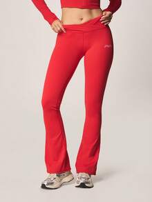 Missguided x Playboy High Waisted Red Flare Leggings With Script Logo Fitness Running Yoga Pants - Red - View 3