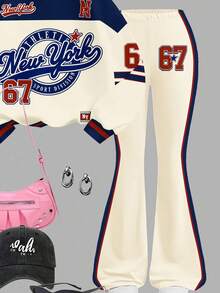 Tween Girl Round Neck Numeric & Letter Graphic Sweatshirt And Flare Leg Pants Casual Loose 2-Piece Set, Hippie Style For Music Festival, American Retro Sweet, Streetwear Vibe, Casual Campus Sports, Outdoor Picnic, Outings, Street Photography, Home - Multicolor - View 5