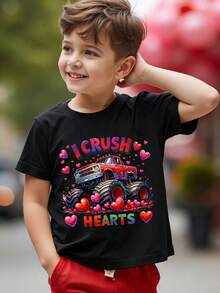 SHEIN GraphicGems 情人节男孩休闲时尚创意个性精致简约挖掘机图案心形经典标语印花休闲基础款舒适短袖T恤，充满情人节氛围，适合男孩在情人节穿着，波兰风格户外上衣。 - 黑色 - 查看 3