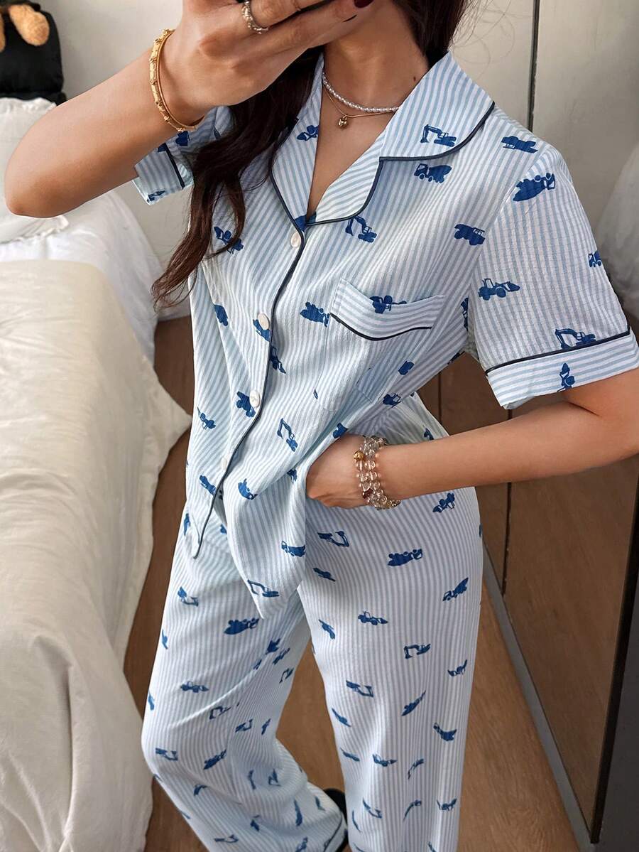 SHEIN Napfluff 女士泡泡纹理条纹翻领开衫短袖睡衣套装 - 藍色 - 查看 1