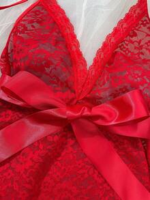 SHEIN Bộ 2 món đồ lót ren thắt eo kiểu dáng Valentine, áo liền quần. - Đỏ - Xem 4