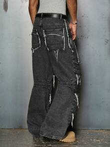 PAVTROS 男士休闲街头风做旧拼接深灰色牛仔裤 - 深灰色 - 查看 2