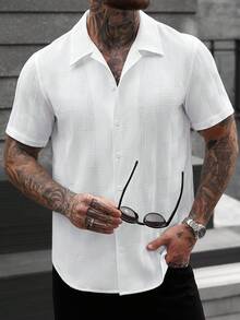 Manfinity CasualCool 男士纯色前开襟休闲百搭短袖衬衫 - 白色 - 查看 3