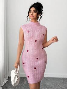 Elenzga Women's Spring/Summer New Arrival Single Piece Half-Turtleneck Fitted Short Sleeveless Heart Embroidery ,Valentine's Day Sweet Date Fashionable Versatile Elegant Knit Pullover Dress Heart Dress - Pink - View 1