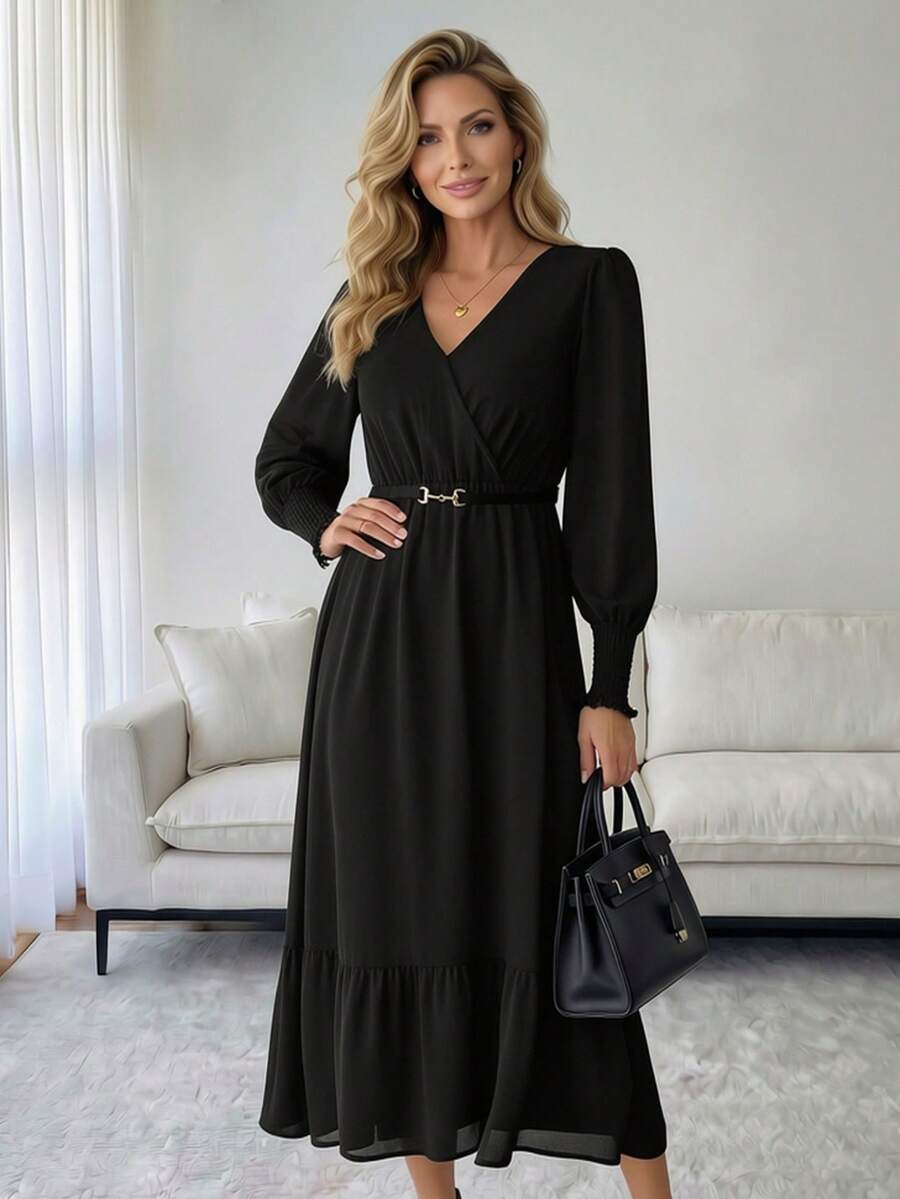 Medorina 秋冬季女士波点优雅连衣裙，适合秋冬季节穿着，长款连衣裙配有弹性袖口和泡泡袖，优雅雪纺波点印花连衣裙，优雅派对连衣裙，时尚外出连衣裙，黑色长袖连衣裙，波点中长连衣裙，黑色长袖中长连衣裙，女士秋季连衣裙，时尚女士连衣裙，法式长袖连衣裙，黑色连衣裙，夏季服装