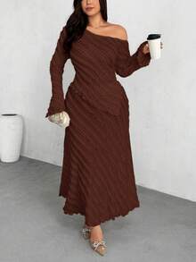 Firerie Plus Size Oblique Shoulder Long Sleeve Casual Fashion Flare Sleeve 2 Pieces Set - Coffee Brown - View 7