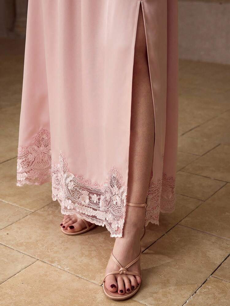 WOMEN'S SPRING/SUMMER STRUCTURED DESIGN MESH LACE EMBROIDERED PATCHWORK HEM MIDI DRESS