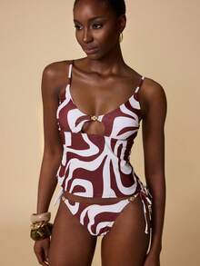 Swim Chiccia Women's Sexy Beach Vacation Style All-Over Print Chest Hollow Tankinis Swimsuit - Multicolor - View 5