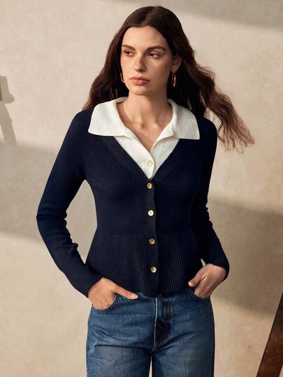 Zovinel Old Money Vintage Style Elegant Polo Collar 2 In 1 Pullover Sweater For Women, Autumn/Spring