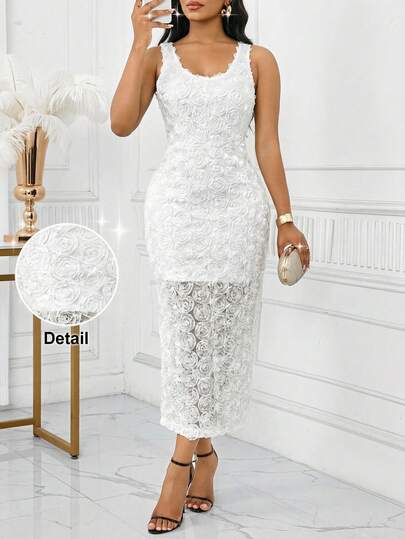 SHEIN Lady Women's Solid Color Applique Decor Elegant Sleeveless Midi Dress