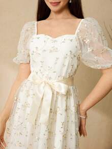 少女泡泡袖网纱刺绣连衣裙，收腰设计，优雅派对礼服 - 白色 - 查看 7