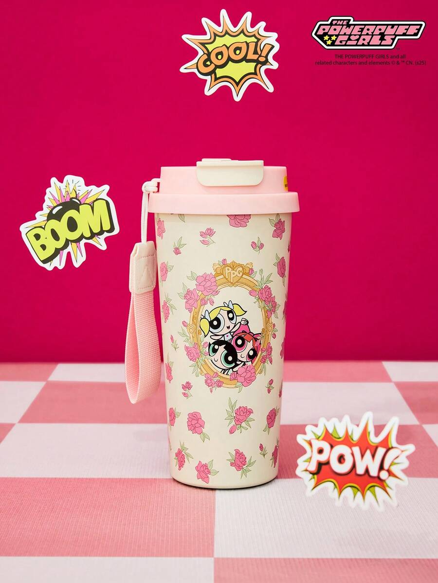 THE POWERPUFF GIRLS X Joivida 17.2oz Tumbler Coffee Mug/Water Bottle With Carrying Strap Vacuum Insulated Stainless Steel ,Leak-Proof Lid, Suitable For Hot Drinks / Cold Drinks, Suitable For Most Cup Holders - Pink - View 1