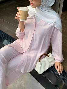 Veilorie Women's Spring Casual Daily Commute Simple Solid V-Neck Shirt And Wide Leg Pants 2 Pieces Set - Pink - View 3