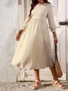 SHEIN 孕妇纯色圆领灯笼袖褶皱休闲连衣裙 - 杏色 - 查看 8