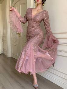 DAZY 春夏水钻闪亮优雅派对连衣裙，适合情人节、婚礼、宴会、舞会、时尚活动等场合，修身剪裁，收腰设计，及膝长度，粉色嘉年华闪亮连衣裙/吊带裙 - 粉色 - 查看 4