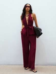 ATUI Studio Conjunto de top halter sin espalda y pantalones de pierna ancha para mujer, ideal para el verano en otoño/invierno - Burdeos - Ver 4