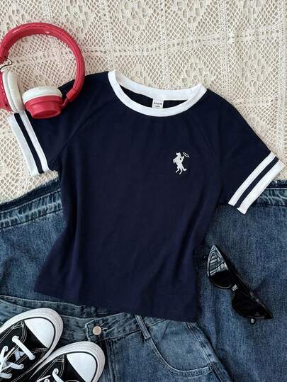 SHEIN 少女骑士印花圆领插肩短袖休闲T恤