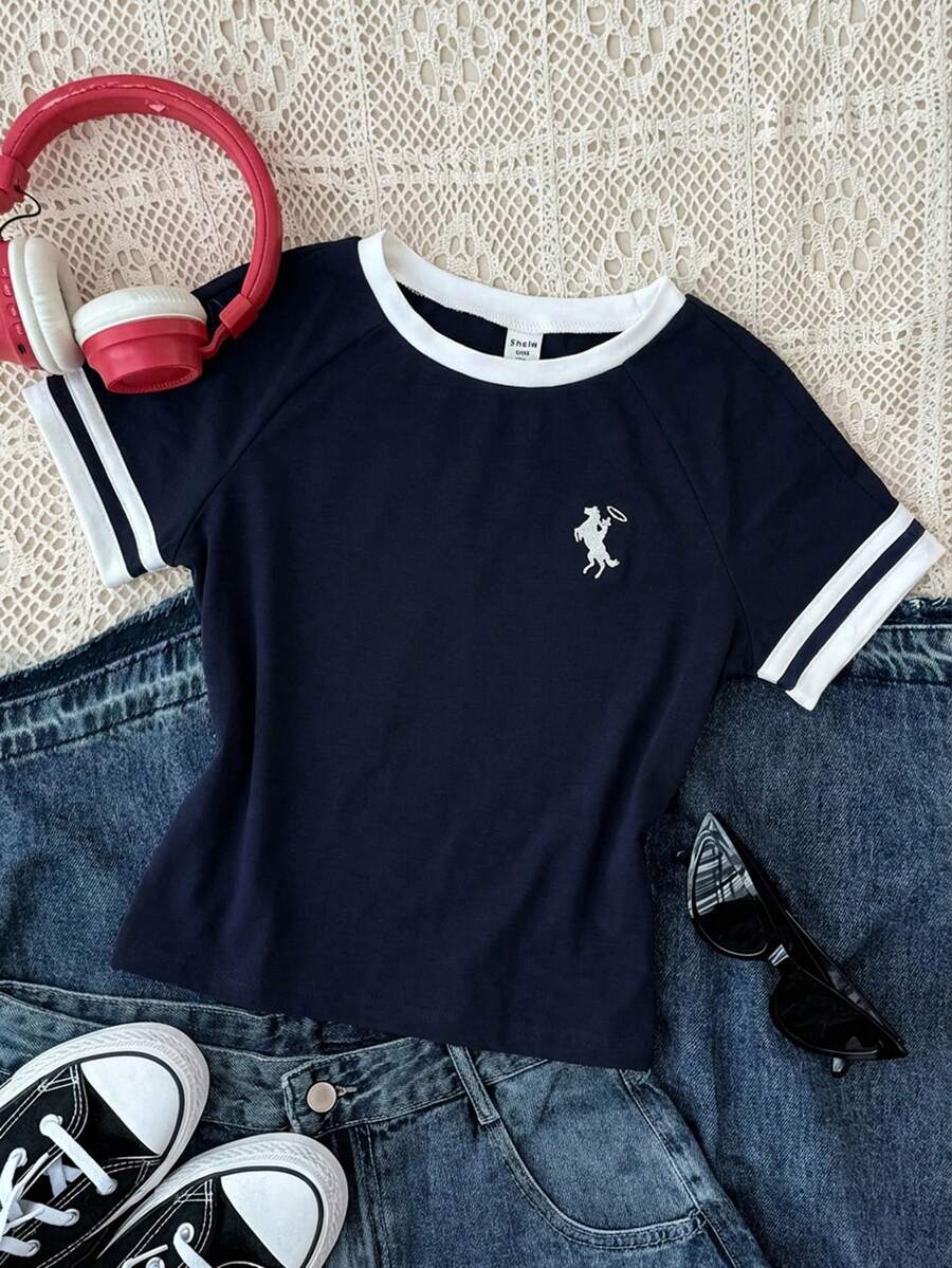 SHEIN 少女骑士印花圆领插肩短袖休闲T恤 - 藏蓝色 - 查看 1