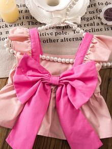 SHEIN 女宝宝夏季度假粉色荷叶边蝴蝶结吊带背心和松紧腰裤套装 - 玫紅色 - 查看 5