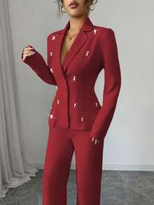 Elenzga بدلة نسائية أنيقة مع طوق واسع، أكمام طويلة، زخرفة باللؤلؤ، ملابس علوية ذو حافة مستقيمة وبنطال ذو ساق مستقيمة