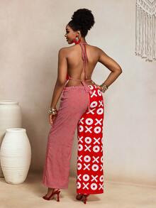 BamGleam 休闲度假风拼接水波纹印花露背系带吊带上衣搭配松紧腰宽松阔腿连体裤（女款） - 紅白色 - 查看 2