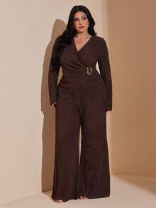 SHEIN BAE Spring/Summer Long-Sleeved Top Set, Pants Set, Knitted High-Elastic Set, Metal Buckle Set Brown Two Piece Set Women - Coffee Brown - View 5