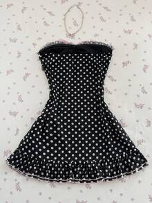 Elamini Women's Casual Vacation Elegant Outfit Daily Versatile Fashion Outing Pink Bow Decor Mesh Polka Dot Print Tube Top Mini Dress, Spring/Summer - Multicolor - View 2