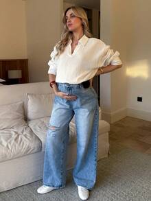 SHEIN 孕妇高腰休闲做旧浅蓝色时尚宽松百搭牛仔裤，适合春季、圣诞节、新年、感恩节、通勤、度假、毕业典礼等场合，展现Y2K风格，可爱街头风，适合派对、婚礼、优雅商务休闲等各种场合。 - 藍色 - 查看 4