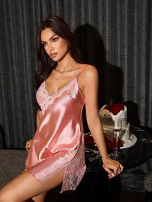 SHEIN Lace Trim Side Slit Faux Silk Sexy Nightgown - Watermelon Pink - View 6