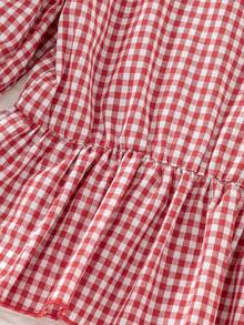 Girls' Red & White Plaid Minimalist Korean Style White 3D Bow Puff Sleeve Waist Shirt - Red and White - View 5