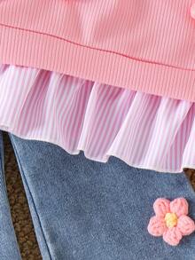 SHEIN Bộ đồ cho bé gái gồm áo tay dài và quần jean kẻ sọc họa tiết hoa dễ thương. - Hồng - Xem 7