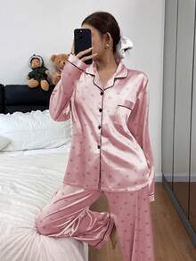 Dream Adore Faux Silk Heart Print Long Sleeve & Pants Pajama Set - Pink - View 3