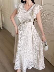 DAZY Luxury Beaded V-Neck Cap Sleeve Dress, Women's Mesh Embroidery Waist Slimming Flared Dress - Beige - View 4