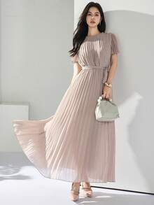 Elegant Pleated Short Sleeve Long Dress For Commuting Long Pleated Dress Summer Elegant Dress - Khaki - View 1